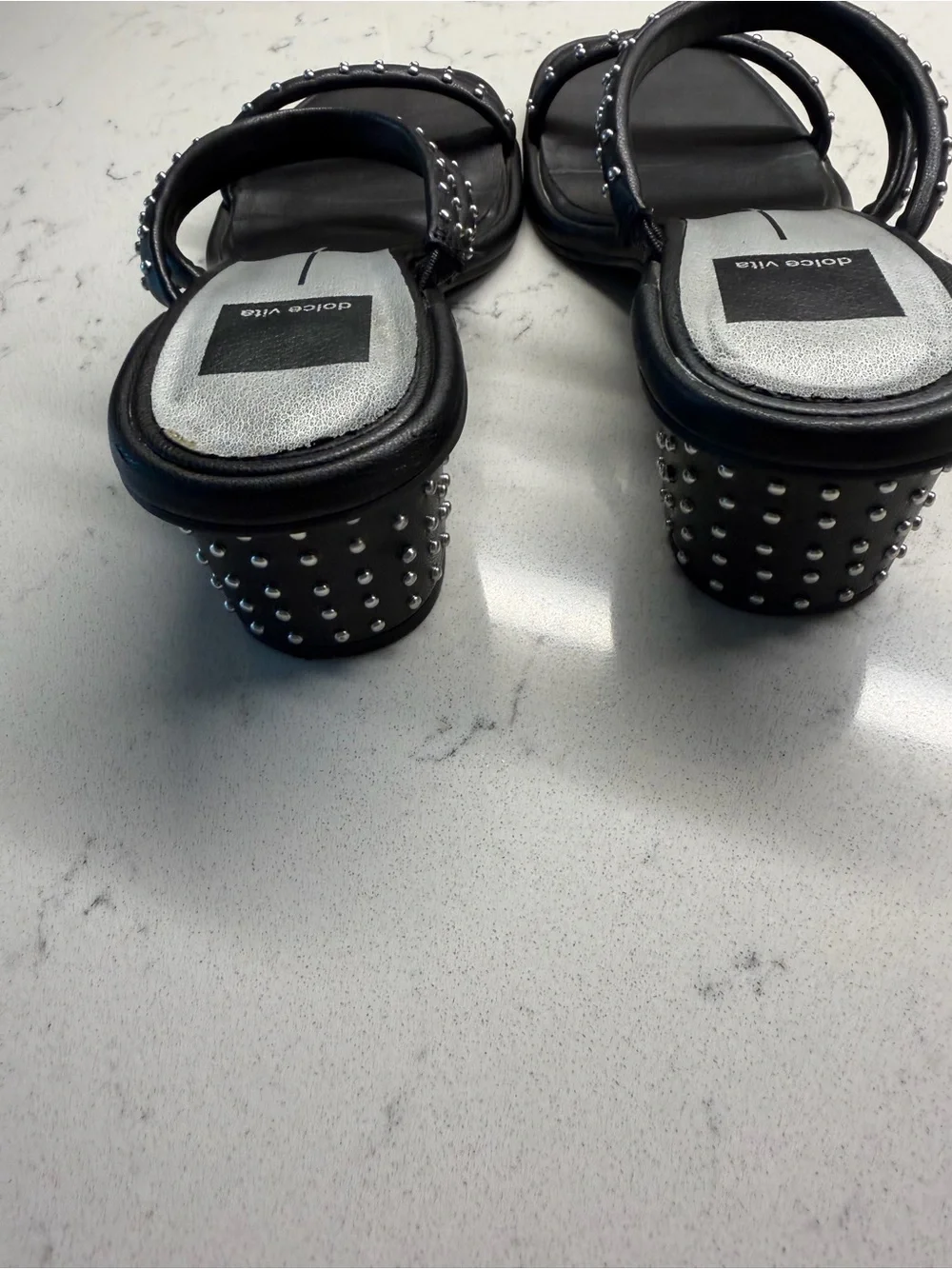 Dolce Vita Black Studded Triple-Strap Block Heel Slides